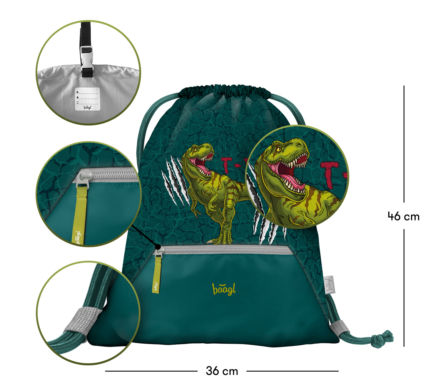 baagl-t-rex-sac-gym-enfant-poche-zip-dinosaure image 3